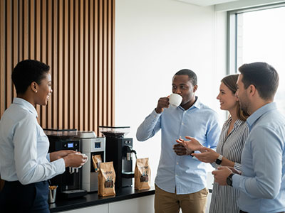 Four people stand and talk by a coffee machine in a modern office break room, holding cups and bags from a wholesale coffee Johannesburg supplier. Top Dose Roasters