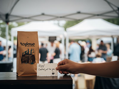 A hand holds a note reading â€œEnjoy! Crafted just for you,â€ next to a bag of Topdose wholesale coffee beans at an outdoor market with white tentsâ€”showcasing the finest wholesale coffee Johannesburg has to offer. Top Dose Roasters